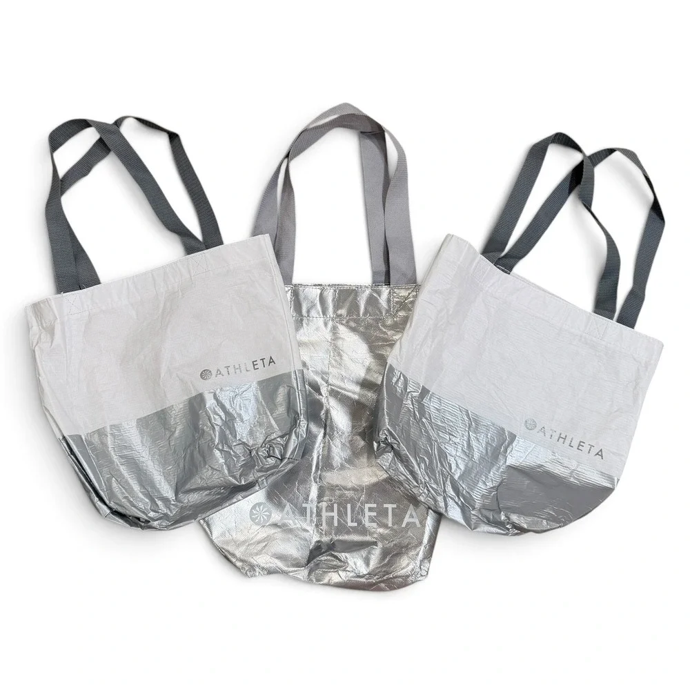 Athleta Reusable Shopping Tote Bag Bundle Metallic Silver White Set of 3
